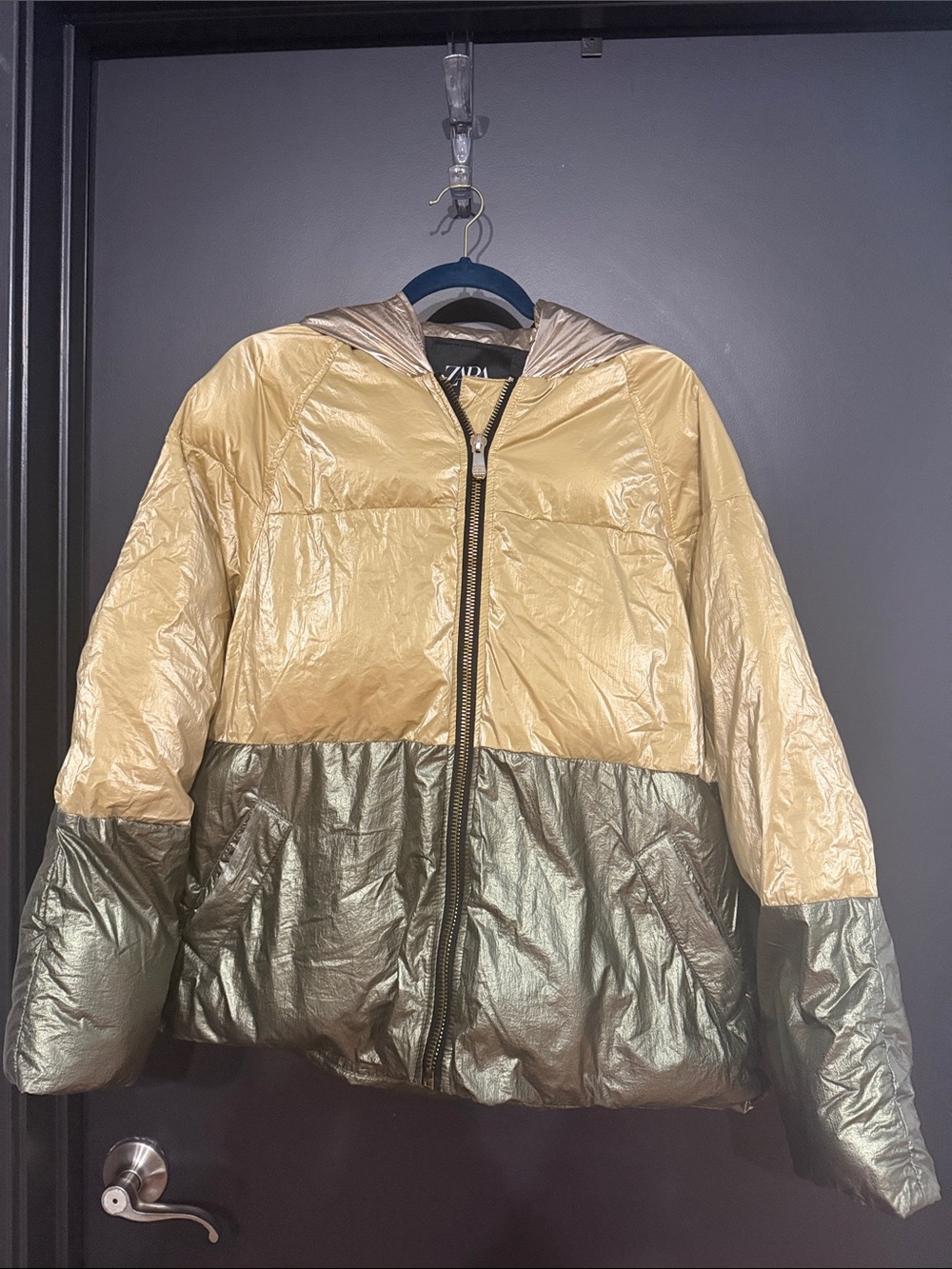 Zara womens Two-Tone Metallic Hooded Puffer Jacket - Gold & Olive Green size M